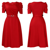 Printemps été robe mi-longue avec ceinture manches bouffantes élégant plissé col en v bureau dame solide grande balançoire mince dame robes pour les femmes