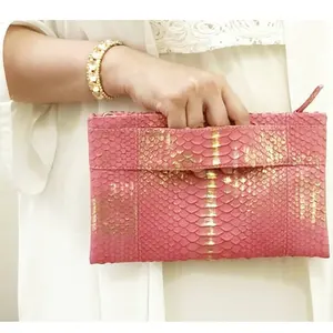 Bolsa de mão feminina com design elegante, bolsa de couro de python genuíno para mão, para noite