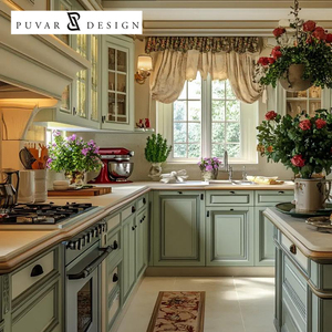 Gabinetes de Cocina Personalizados en Verde Salvia, Unidades de Madera Estilo Provincial Francés con Acabado Antiguo, Solución Integral para Toda la Casa - Product Image 1