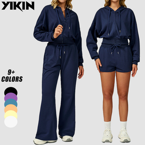 Completo sportivo di alta qualità <span class=keywords><strong>felpa</strong></span> corta con cerniera Top e pantaloni larghi da donna - Product Image 1