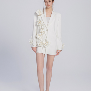 Blazer Casual Blanco de Mujer, Diseño de Moda MF, Terciopelo, Flores 3D, Talla Grande, Antiarrugas, Botón Único, Mangas Largas, Cuello Camisero - Product Image 4