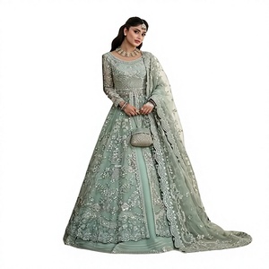 Vestido de Fiesta Pakistaní Verde Menta de Primera Calidad, Vestido de Lujo con Lentejuelas y Redes, Traje Anarkali de Boda con Bordado Intenso - Product Image 1