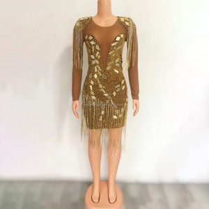 Novance Y2324-C منتجات ترويجية الإمالة الذهبي مرآة مطرزة الكريستال شرابة فساتين لحضور الحفلات الموسيقية 2022 أنيقة السهرة مثير - Product Image 1