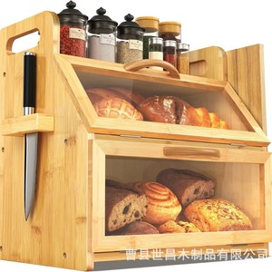 Bamboo Wood <b>Bread</b> Storage Box Large Capacity Multi Layer Desktop Kitchen Organizer With <b>Knife</b> Holder Rectangle Shape - Product Image 1