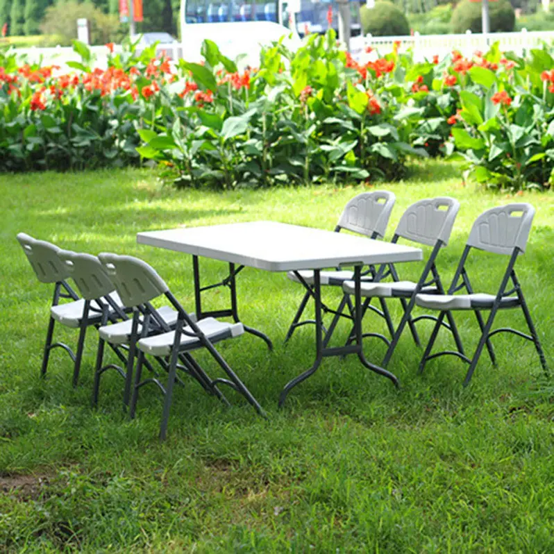 طاولة محمولة قابلة للطي على شكل منفوخة كرسي للحديقة قابل للطي بلاستيك أبيض مستطيل طاولات وكراسي مستديرة للمناسبات والحفلات