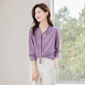 Elegant Long Sleeve Shirt Women Purple V Neck Satin Wrap Tie Office Blouse Solid Color Polyester Fabric - Product Image 1