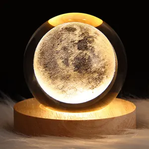 Led Laser Sculpture Cristal Artisanat Boule Décoration de Table en Bois Usb Cadeau Décoration de Table de Chevet Lampe de Nuit Lampe de Table