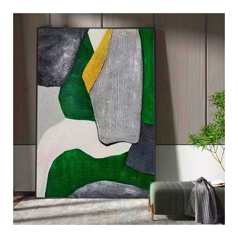 Modern Extra Large Painting on Canvas Abstract Geometric green stone line Oil Painting Wall Art Home Decoration for living room