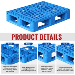 Palettes en plastique empilables robustes à simple face, entrée 4 voies Euro, surface lisse hygiénique, antidérapantes, avec trois patins, entrée 4 voies - Product Image 3