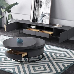<span class=keywords><strong>Table</strong></span> basse moderne grise <span class=keywords><strong>ronde</strong></span> et pivotante en bois avec rangement extensible Meubles de salle à manger pour la maison dans le salon - Product Image 3