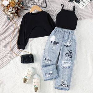 Abbigliamento all'ingrosso per bambini primavera autunno: T-shirt a maniche lunghe a tinta unita, gilet e jeans per bambine - Product Image 2