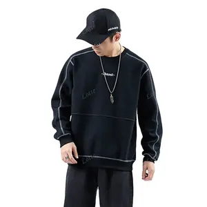 Kaus Pria Gaya Korea Leher Kru, Kaus Pullover Hoodie Polos Katun Organik Lengan Panjang Pria Ukuran Besar