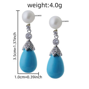 <span class=keywords><strong>Orecchini</strong></span> a Goccia <span class=keywords><strong>con</strong></span> Zircone Blu Turchese a Forma di Goccia d'Acqua e <span class=keywords><strong>Perla</strong></span> d'Acqua Dolce Naturale, Nuovo Design di Gioielli per Donne GE1748 - Product Image 5