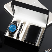 Fashion jam tangan kulit pria, Set hadiah mewah, dompet kulit, jam tangan Quartz, Set gelang