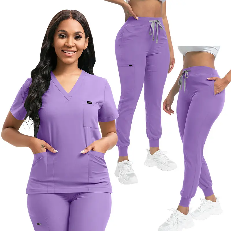 Custom Medical Jogger Scrubs Unisex Hospital Uniform Top Woven Fabric with Hand Drawn Printing Method