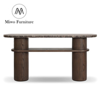 Table console moderne en bois avec plateau en marbre, table d'entrée ovale en pierre, pieds cylindriques épais, étagère console pour canapé, couloir, hall d'entrée