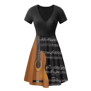 음악 스타일 사용자 정의 디자인 캐주얼 원피스 도매 반팔 포켓 드레스 폴리 에스터 스판덱스 편안한 빠른 건조 의류