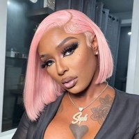 Perruque courte rose clair en cheveux humains, coupe bob, avec dentelle frontale invisible HD, cheveux raides Remy, pour femmes noires, usage quotidien
