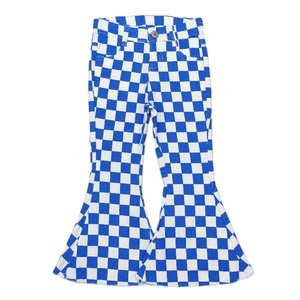 Ropa occidental Little Girl Boutique Blue White Plaid Print otoño jeans en denim Kids venta al por mayor niño niña jeans largos acampanados - Product Image 1