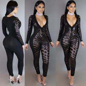 Mono de Lentejuelas con Escote Profundo y Manga Larga para Mujer, Estilo Moderno, Sexy, para Fiesta - Product Image 1