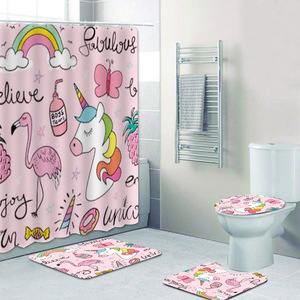 Unicorn <strong>Shower</strong> <strong>Curtain</strong> 60''W X 72''L Girl Cartoon <strong>Funny</strong> Polyester Waterproof 12 Pack Plastic Hooks Bathroom <strong>Curtain</strong> Set - Product Image 1
