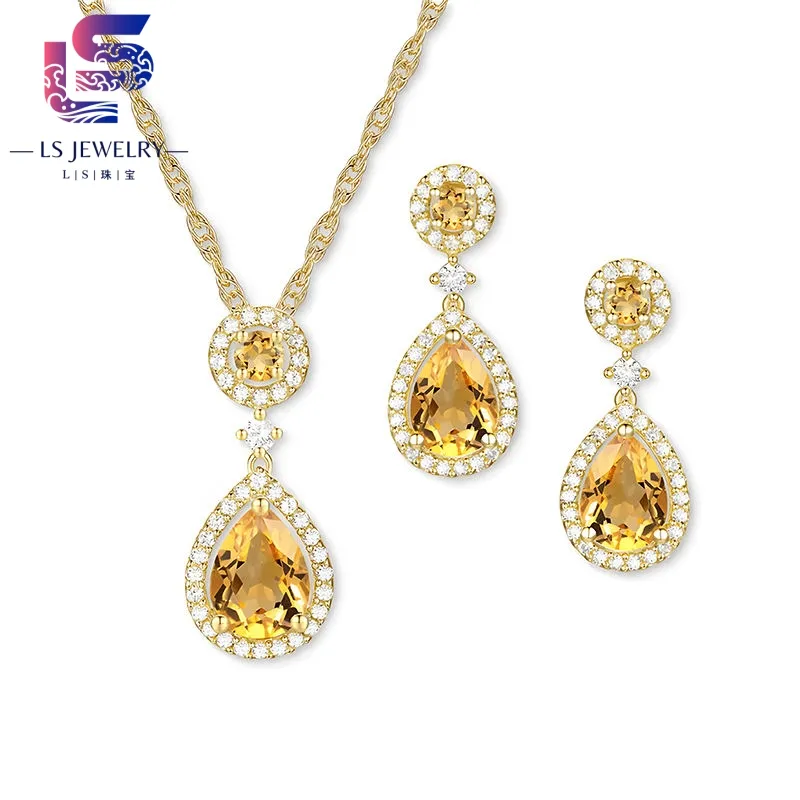 Ls Jewelry conjunto de joias finas com corte de pêra de safira amarela, colar de noivado em prata esterlina 925, brinco para mulheres