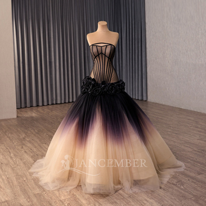 Rsm251151 Robe de Soirée en Chiffon sans Bretelles avec Dos en Dentelle, Manches Amovibles, Style Fourreau, Ornée de Fleurs 3D en Cristal et Drapées - Product Image 3