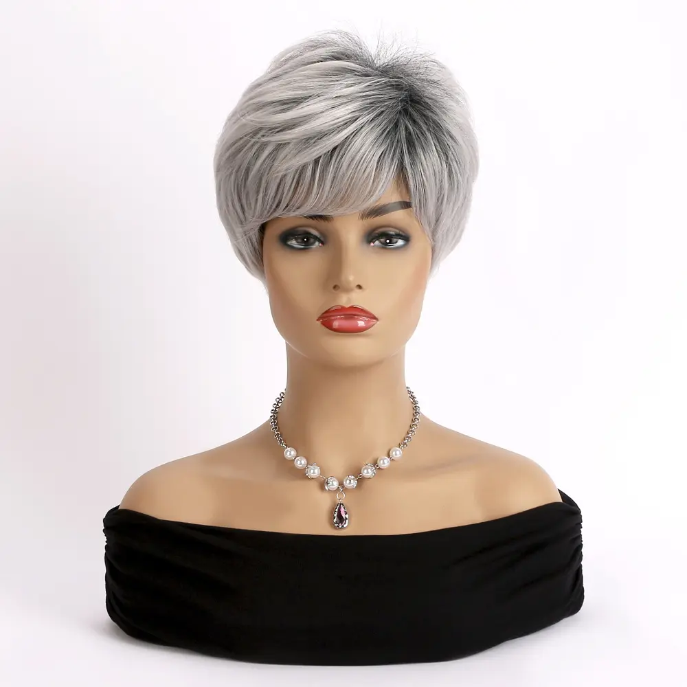 Vente la plus chaude argent coupe lutin perruque synthétique haute chaleur perruques synthétiques faites à la machine perruques pour noir
