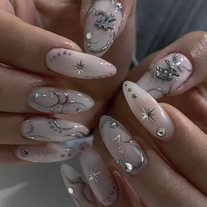 Newest Design Long Almond Press On Nails Tips Handmade Flower Silver Colocation Other Pattern Fake Nails
