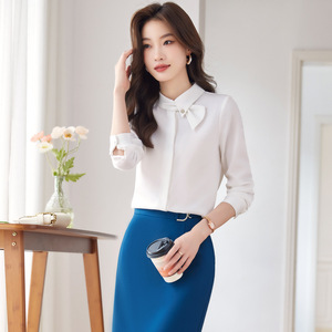 Women's Mint Green Stand-Up Collar Shirt Solid Color Long Sleeve Work Blouse Polyester Poplin Fabric Office Wear - Product Image 3