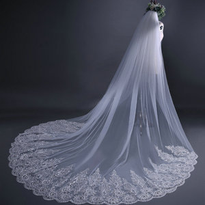 Qushine-velo de novia de cola europea y americana, accesorios exquisitos de encaje de lentejuelas y diamantes, gran oferta - Product Image 2
