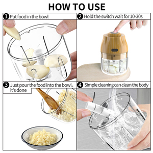 Private Model OEM 250ML Electric Food <b>Chopper</b> 1500mAh USB Recharging Powerful Food <b>Chopper</b> Stainless Steel BPA Free Light Wooden - Product Image 5