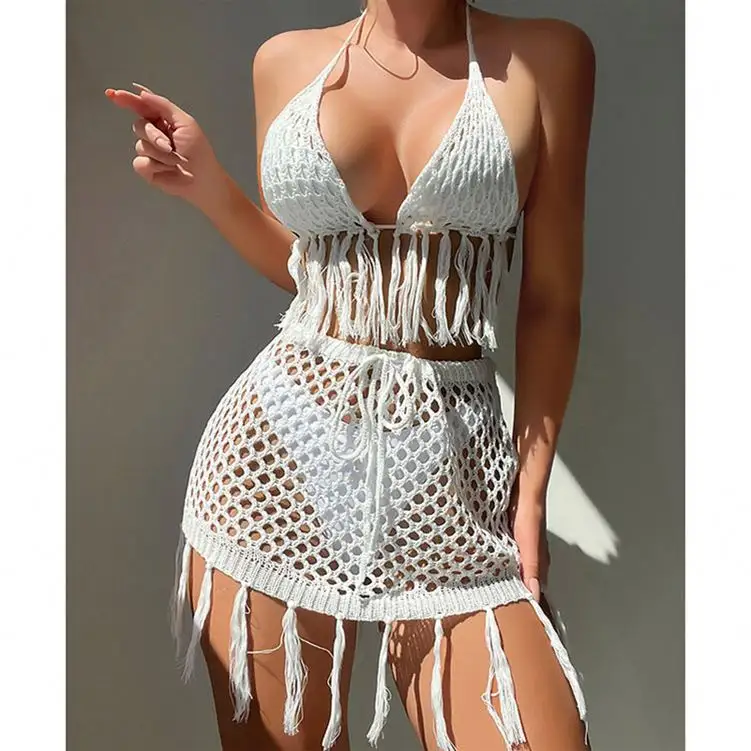 Ladies clothes Sexy Knitted Handmade Fringe swimwear women two piece set 2024