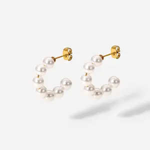 Pendientes de aro de perlas de imitación de acero inoxidable para mujer, aretes de aro chapados en oro de 18K, joyería para mujer