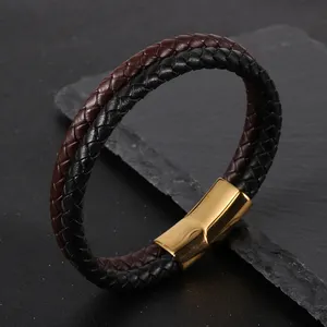 Hete Verkoop Eenvoudige Dubbellaagse Armband Rvs Gesp Bruin Echt Lederen Gevlochten Armband Heren Zwart Armband Leer