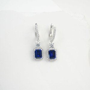 925 silver emerald cut sapphire <b>earrings</b> with double circle surround <b>earrings</b> - Product Image 2