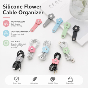 Attaches-câbles réutilisables en silicone en forme de fleur, organisateur de câbles, support pour câble de charge USB, gestion des fils d'écouteurs, bureau, voyage - Product Image 1