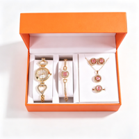 Ensemble cadeau de luxe pour femmes, montre en quartz dorée en métal, bracelet en cristal, collier, boucles d'oreilles, bague, 5 pièces de bijoux, Saint-Valentin