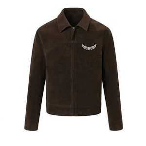 <b>Men's</b> Brown <b>Suede</b> Zip-Up <b>Jacket</b> Turn-Down Collar Casual Autumn Wear Regular Fit - Product Image 1