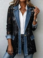 Blazer en jean pour femme avec dentelle florale, manches longues, bouton unique, décontracté, élégant, veste de bureau avec poches