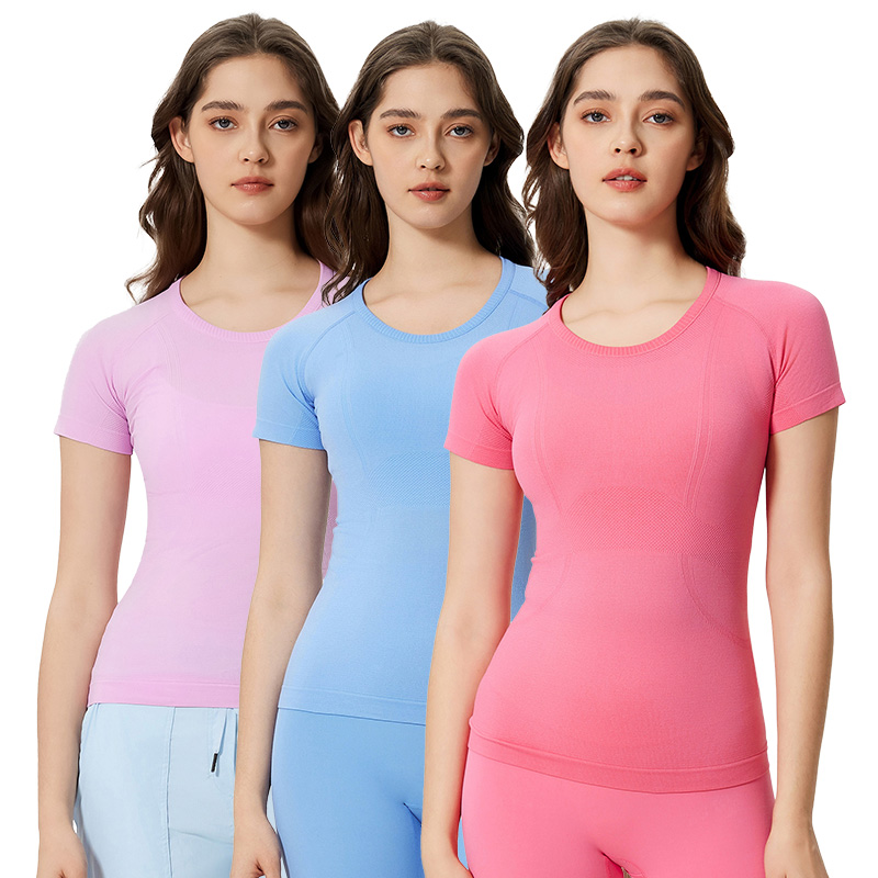 S2067 Women Short Sleeve Crew Neck Light Weight Breathable Quick Dry Slim Fit Seamless Stretchy Workout Yoga T-shirts