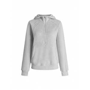 Women <strong>Grey</strong> Quarter Zip Cropped Hoodie Kangaroo Pocket Oversized Casual Streetwear Half Zip Pullover <strong>Sweatshirt</strong> - Product Image 2