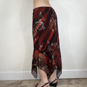 Elegante Falda Midi de Malla Transparente con Estampado Vintage y Dobladillo Asimétrico, Estilo Casual para Vacaciones, Cintura Baja - Product Image 4