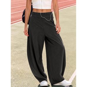 Custom <b>Women's</b> Baggy Wide Leg Track Pants High Waisted Elastic Barrel <b>Trousers</b> <b>With</b> <b>Pockets</b> Casual Gym Wear Summer Spandex - Product Image 2