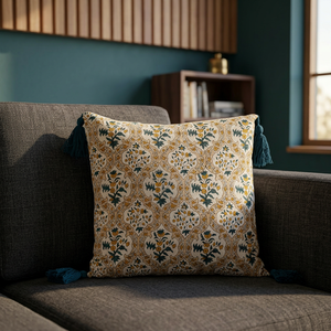 Traditional Artisan Square Floral Print 100% Cotton <b>Cushion</b> <b>Cover</b> with Elegant Blue Tassel Accents Vintage Style for Home Use - Product Image 5