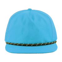 Profil rendah kualitas tinggi tagihan datar menyesuaikan grosir topi tali biru langit kustom bordir 5 Panel topi Snapback tidak terstruktur