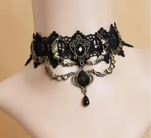 Fashion Vintage Victorian Steampunk Necklace Jewelry Sexy Gothic Crystal Black Lace Neck Choker Necklace