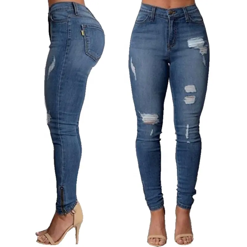 WJ018 ODM OEM OA high waist distressed women jeans ripped blue denim fashion jeans women skinny butt lift ladies jeans