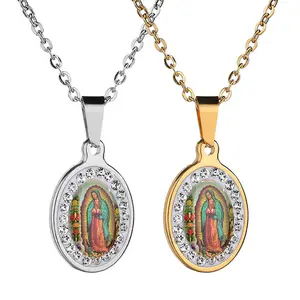 Colgante religioso De la Virgen De Guadalupe, acero inoxidable, Cz, piedra Virgen María, collar De joyería chapado en oro