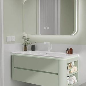 Pale green bathroom cabinet rounded-<b>corner</b> smart mirror cabinet white countertop washbasin suspended cabinet body - Product Image 4